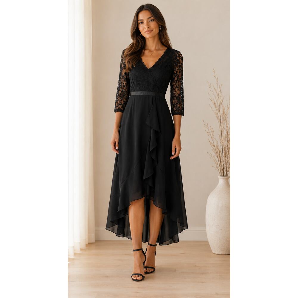 Black Lace Midi Dress Size M V Neck High Low Hem 3/4 Sleeve Elegant Formal Dress